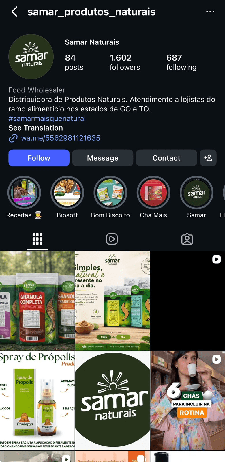 Perfil da Samar Naturais no Instagram, com a grade de produtos da linha